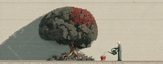 Whimsical illustration of a man nurturing a small plant beside a massive tree