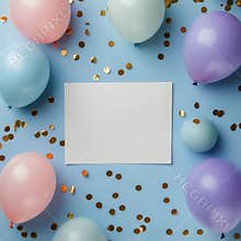 Colorful Balloons and Blank Sheet on a Blue Background for Decorating Parties and Celebrations.