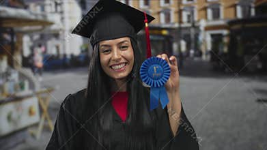 Woman smiling with graduation cap holding blue ribbon on city street