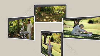 Montage of mature couples relaxing annd exercising
