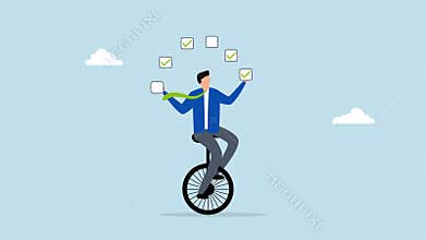 Todo list professional, 4k animation of businessman juggling checkbox on unicycle