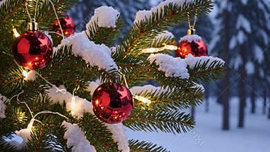 Sparkling fairy lights illuminating red ornaments hanging from snow covered pine branches, evoking magical holiday ambiance