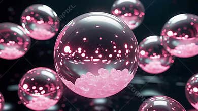Futuristic pink holographic glass balls floating in dark space.