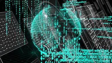 On start holographic globe rotating clockwise while UI panels sliding in showing financial data