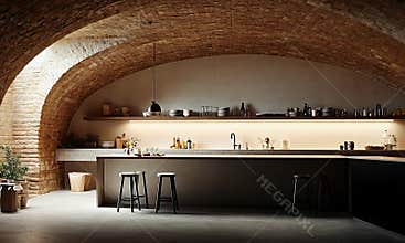 Rustic kitchen with arched brick ceiling