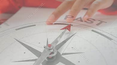 Animation of compass with text over caucasian child reading braille