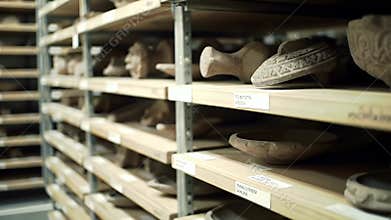 Close Up Production of Cultural Artifact Preservation with Meticulously Preserved Pottery and Vessels on Wooden Shelves Displayed