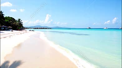 Serene beach with soft white sand, clear turquoise water, and gentle waves creates peaceful atmosphere for ultimate relaxation on