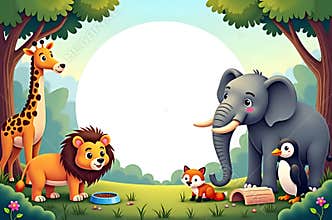 Friendly Animals in Lush Forest Scene Illustration