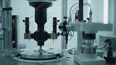 Close Up of Quantum Sensor Calibration Lab with Automated Machinery in Silver Color Scheme Demonstrating Precision Technology and