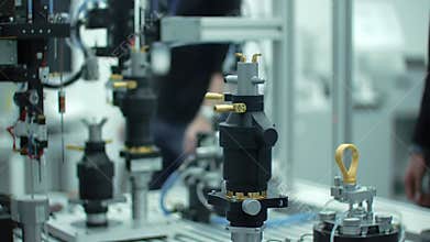 Close Up Production of Quantum Sensor Calibration with Advanced Machinery Intricate Black and Silver Components and Precision