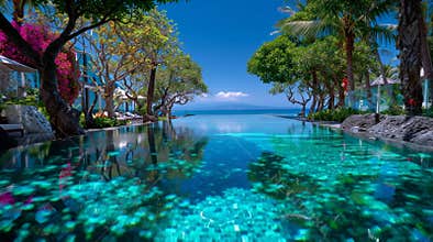 Water alley with crystal-clear turquoise sea, narrow stone path, crimson flowers along walls, opening to the vast open sea