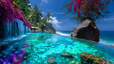 Water alley with crystal-clear turquoise sea, narrow stone path, crimson flowers along walls, opening to the vast open sea