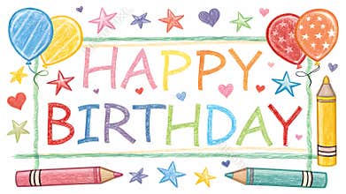 Vibrant artwork featuring balloons, stars, and colorful crayons celebrating a joyful birthday theme