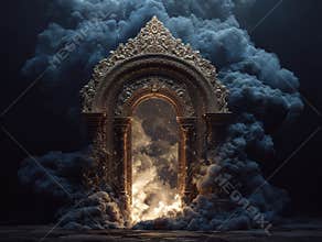 Off-center composition of an intricately carved, slightly ajar door in a dark, fantasy setting Emerging from the door are