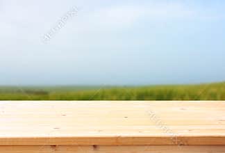 Wooden table and meadow background. ready food product display.