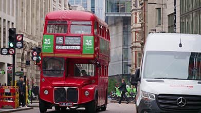 London, England - May 15, 2025: Classic red double-decker bu