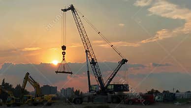 Construction crane lifts heavy materials at sunset with excavators and a vehicle nearby scene