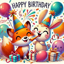 Adorable Fox and Bunny Celebrating Happy Birthday with Balloons and Gifts AI-GENERATED