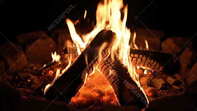 Warm glowing logs crackle and burn brightly in a traditional brick fireplace, casting a cozy and inviting ambiance