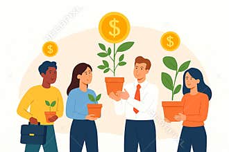 Group of people planting money tree pots, symbolizing investment growth.