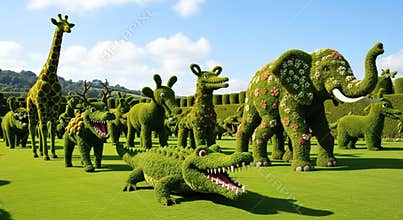 A magnificent parade of animal topiary sculptures in a lush green garden