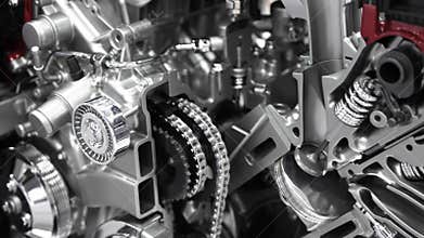 Close up view of cut section of IC engine details with timing belt