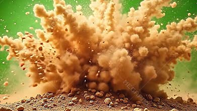 A swirling explode sand blast storm rises dramatically, blasting fine grains of sand that scatter across a Generative AI