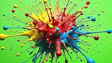 A vivid explode paint drop canvas unfolds as paint droplets scatter energetically across a pure green Generative AI