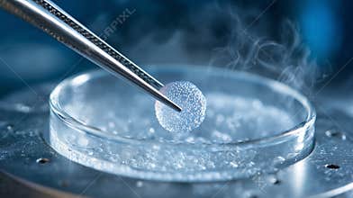 Close-up view of a human egg cell being transferred to liquid nitrogen for cryopreservation in a modern fertility lab