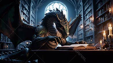A wise dragon reading a leather-bound tome in candlelit library.