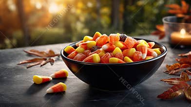 Halloween candy corn bowl on a dark table with warm autumn light and cozy mood