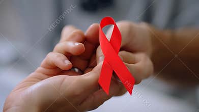 Hands holding red ribbon for aids awareness