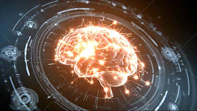 Glowing neural lines driving brain rotating while medical icons orbit showing brain connectivity