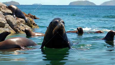 Sea lions swim and bask in the sun near rocky outcrops in the clear blue ocean waters today