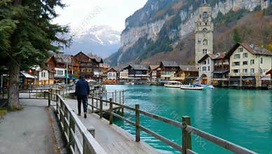Person walks on a wooden bridge in Iseltwald Switzerland with turquoise water and alpine scenery