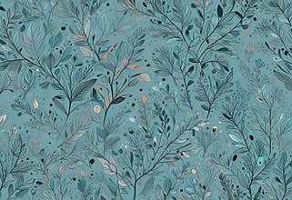Delicate botanical pattern with teal background featuring leaves branches and subtle floral accents