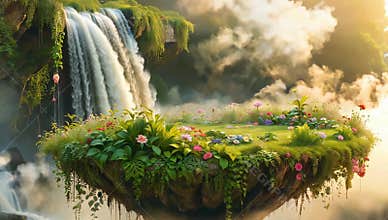 Lush floating island with vibrant flowers and a majestic waterfall creates a serene landscape