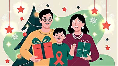 Happy Asian Family Celebrating Christmas with Gifts and an AIDS Awareness Ribbon