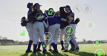 Standing baseball players huddling on baseball field, holding gloves and wearing blue caps jerseys