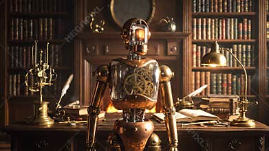 A steampunk automaton with visible clockwork gears stands in a classic library with warm atmospheric lighting