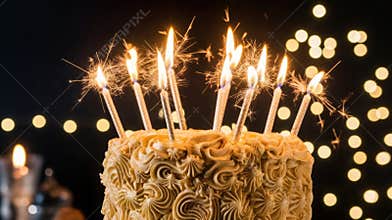 Decorated Cake Has Lit Candles and Sparklers at Night