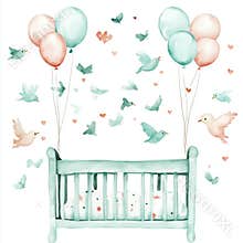 A lovely watercolor artwork with a baby cradle, crib, air balloons, and flowers, crafted as a stock clip art for boys.