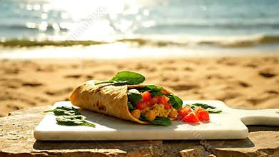 Delicious Wrap Filled with Fresh Vegetables and Chickpeas on Cutting Board at Beach Setting Golden Sand and Sparkling Blue Water