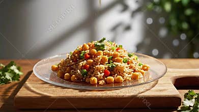 Delicious Rice Bowl with Chickpeas Presented on a Wooden Board under Soft Lighting and Shadow Play with Greens Sprinkled Atop