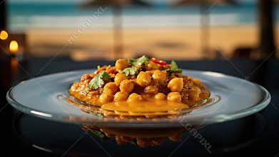 Chana Masala Dish on Glass Plate with Beach Background Featuring Golden Chickpeas in a Rich Orange Sauce Garnished with Fresh