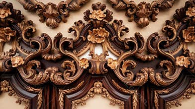 Detailed Brown and Gold Baroque Wood Carving of Leaves and Flowers