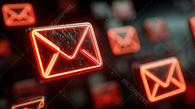 Dynamic neon email icons in motion highlighting digital communication on dark background