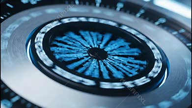 Futuristic device calibration process with circular patterns and glowing interface visuals