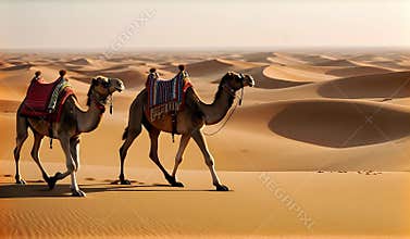 Golden Hour Camel Caravan Across Endless Desert Dunes